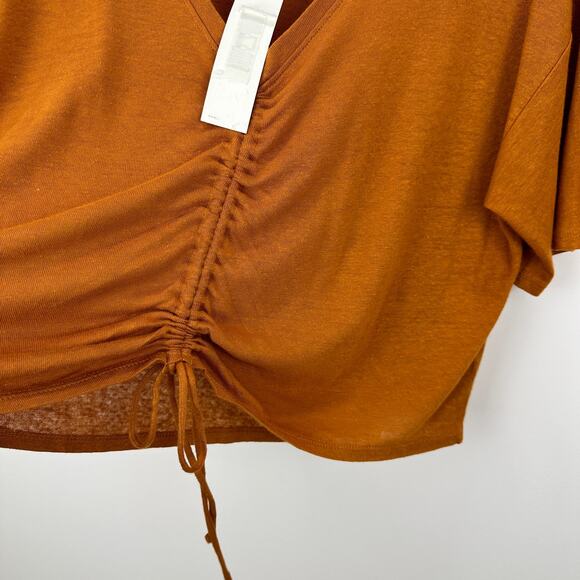 Every Linen Blend Knit Top Cinched Ruched Copper Orange Comfy Cropped Large NWT - Picture 4 of 9